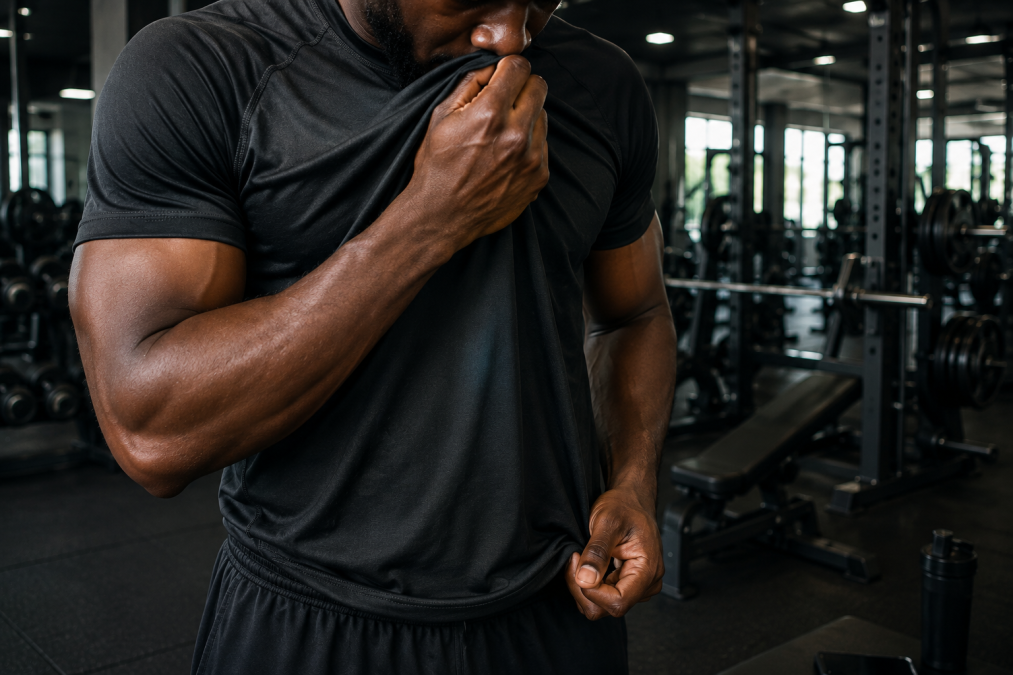 Man smelling his t-shirt at the gym. PHOTO/AI