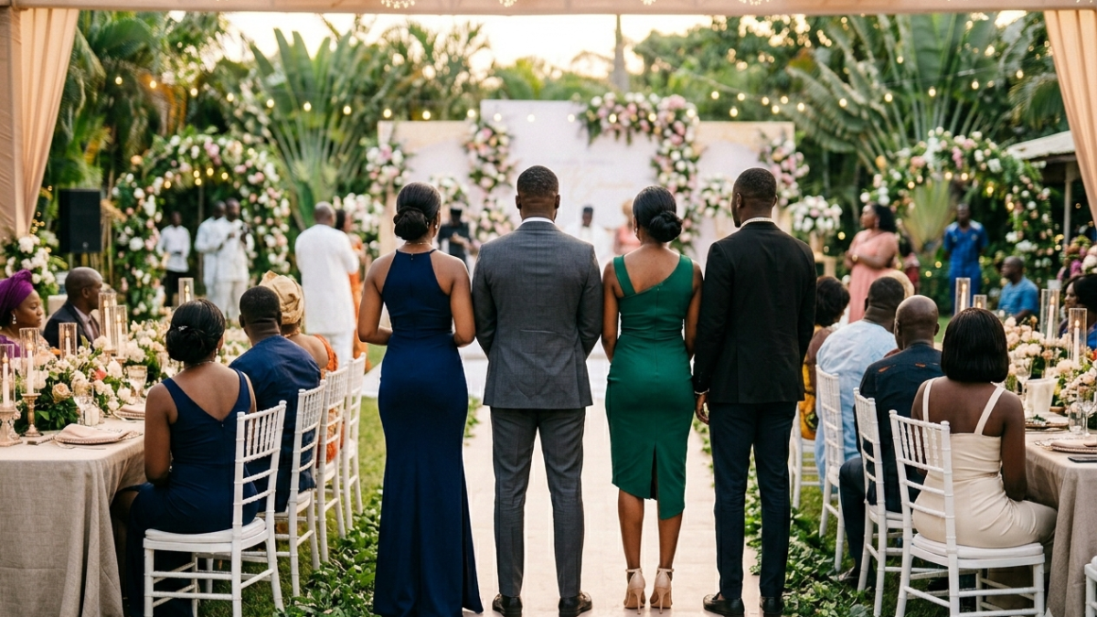 A formal outdoor wedding reception is captured from a rear-facing viewpoint. PHOTO/AI