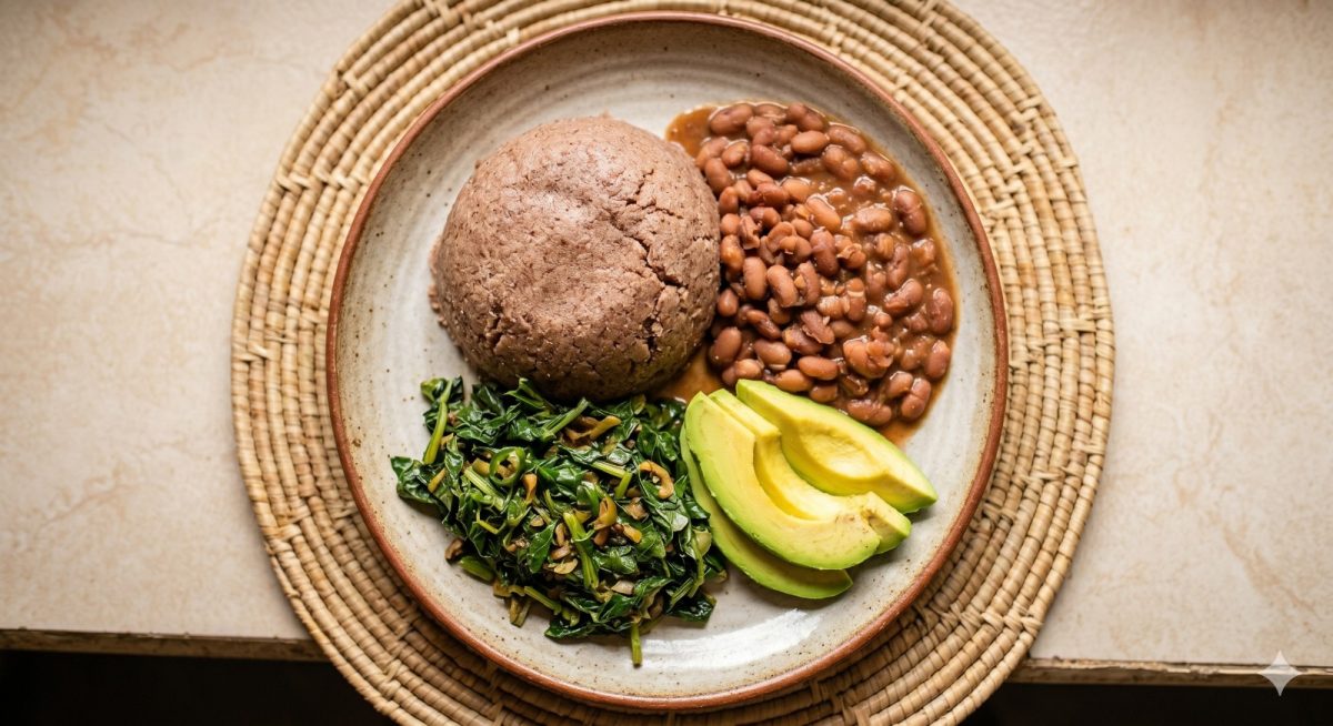 A nutritious Kenyan plate features brown ugali, beans, managu, and ripe avocado slices. PHOTO/Gemini