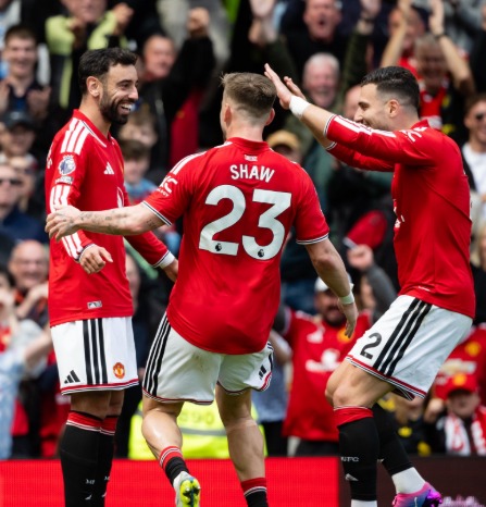 Bruno Fernandes, Luke Shaw and Casemiro celebrate a goal for Manchester United. PHOTO/@ManUtd/X