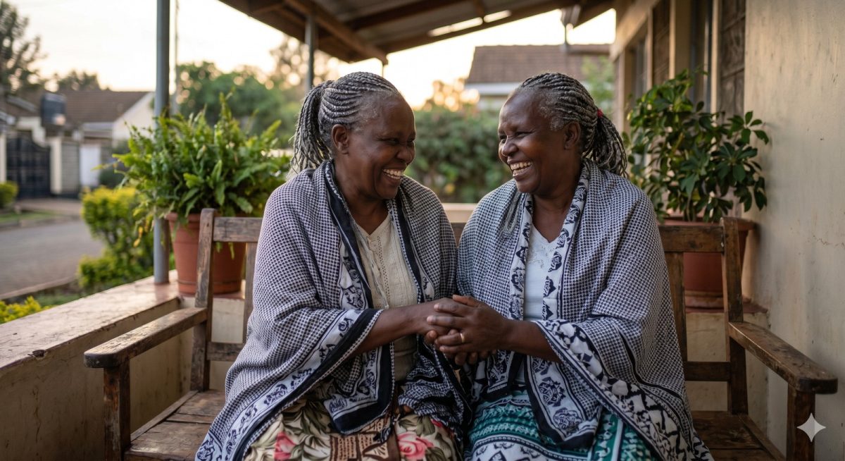 Two elderly women sharing a deep, joyful laugh on a shaded porch. PHOTO/Gemini
