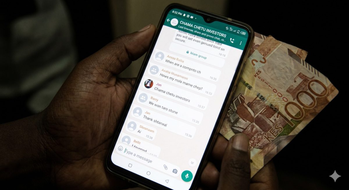 A close-up photo focusing on a hand holding a modern smartphone displaying a busy WhatsApp group chat. PHOTO/Gemini