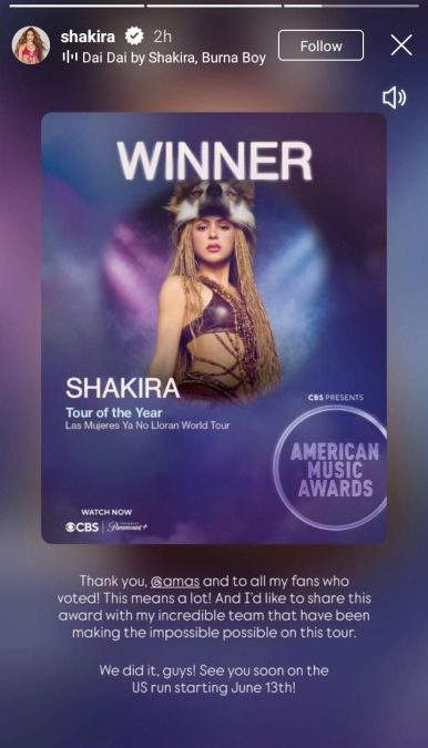A post shared by Shakira on her Instagram stories. PHOTO/Screengrab by K24 Digital