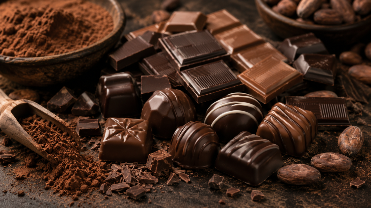Assorted dark and brown chocolates arranged on a rustic surface with rich cocoa textures and warm lighting. PHOTO/Photo generated by AI
