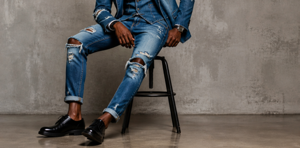 A man sits on a stool in a studio setting, wearing a distressed denim suit with visible rips. PHOTO/Photo generated by AI
