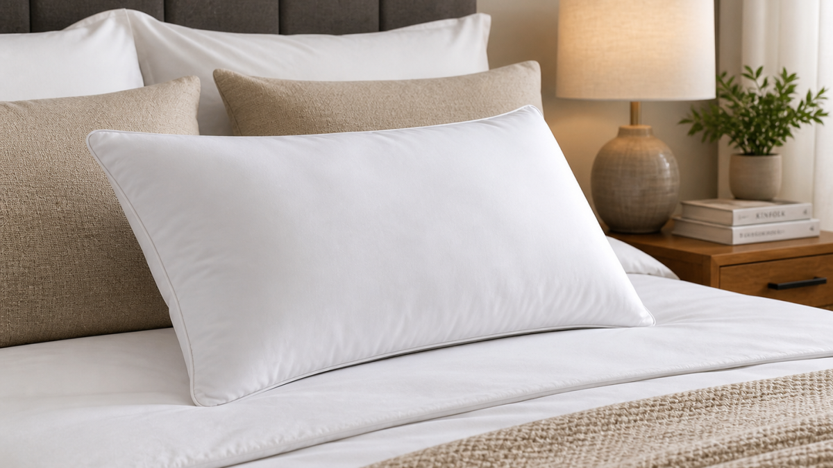 White fibre pillow resting neatly on a well-made bed with clean linens. PHOTO/Photo generated by AI