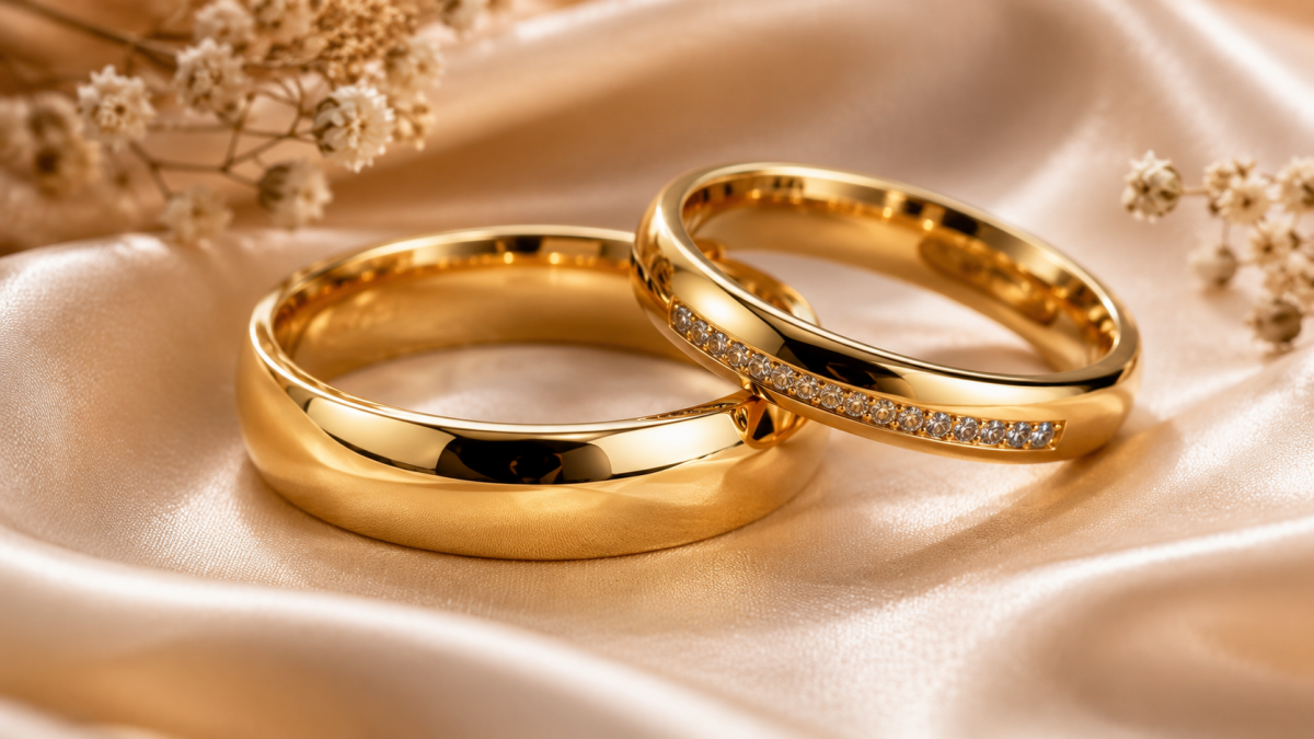 Romantic gold wedding rings for a bride and groom placed on soft satin fabric. PHOTO/Photo generated by AI