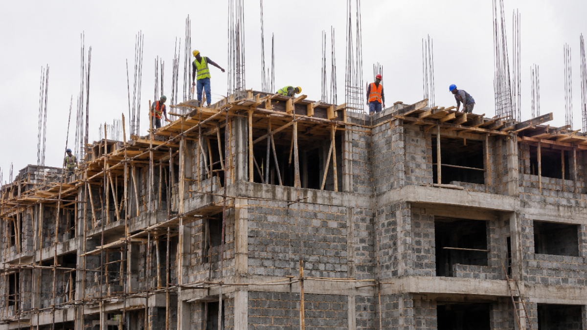 Construction workers building a multi-storey apartment at a busy construction site with scaffolding, concrete blocks, sand piles, and machinery visible. PHOTO/Photo generated by AI