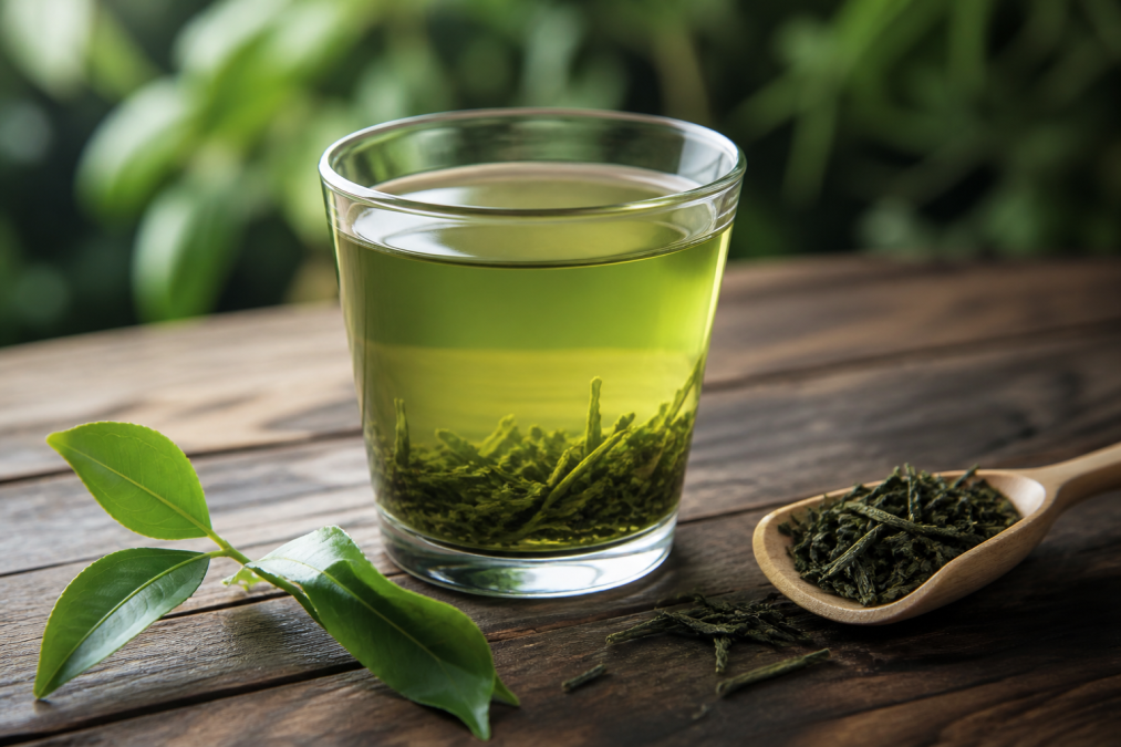 A clear glass cup filled with freshly brewed green tea. PHOTO/Photo generated by AI