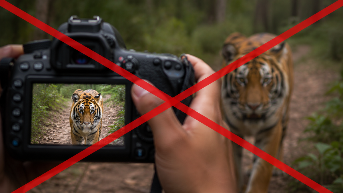 Tourist photographing a Bengal tiger during an Indian safari with a red X symbol overlay. PHOTO/Photo generated by AI