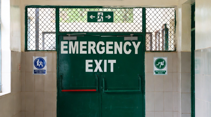 Marked emergency exit door in a boarding school corridor.PHOTO/Grok