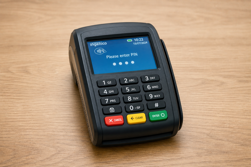 Close-up of a bank card payment pinpad placed on a wooden surface. PHOTO/Photo generated by AI