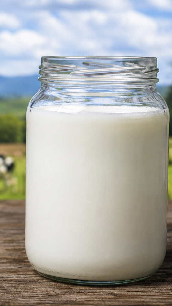 A glass jar filled with fresh milk placed on a wooden table with green fields, grazing cows and hills visible in the background. PHOTO/Photo generated by AI