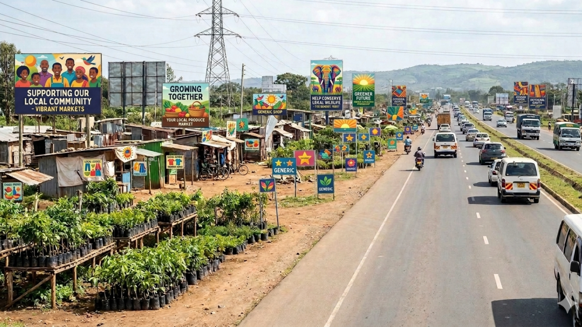 Billboards and tree nurseries along a major highway. PHOTO/Nano Banana.