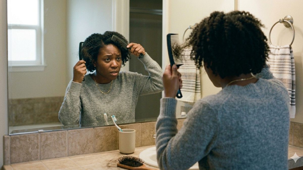 Woman experiencing hair loss while combing her hair. PHOTO/Gemini
