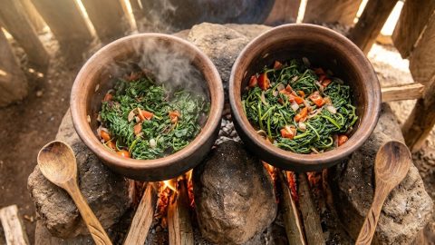 Rustic earthen clay pots steam with freshly cooked terere and murenda over a traditional three-stone wood fire.