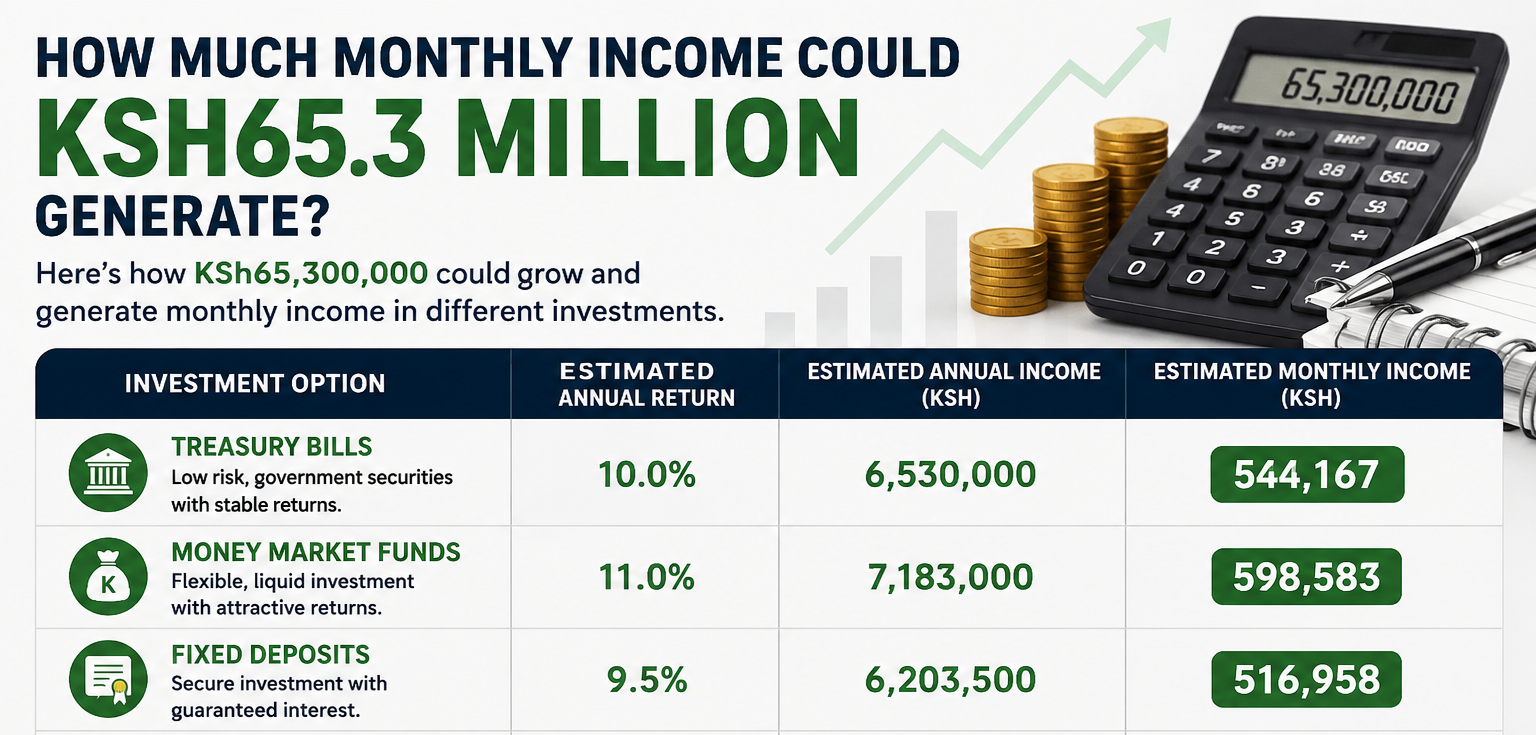 Investing: Monthly and yearly returns one can get from Ksh65.3M investment