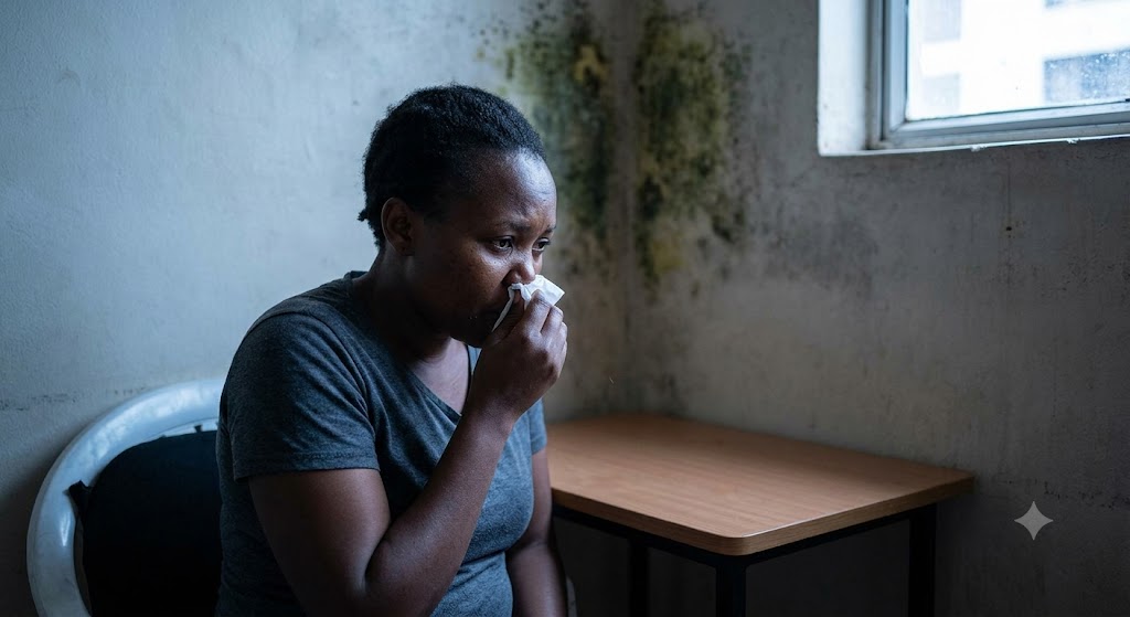 A fatigued woman coughs and rubs her nose while seated near a large mouldy patch on a damp wall.