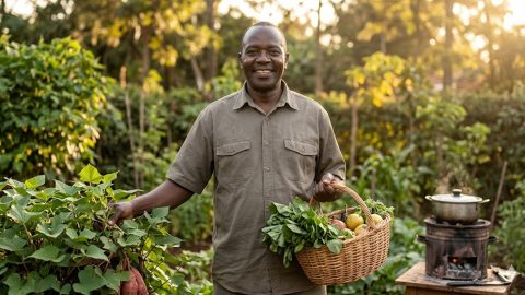 A healthy, active man in his late 50s smiles warmly while harvesting nutritious traditional greens from his backyard garden during the golden hour. PHOTO/Gemini