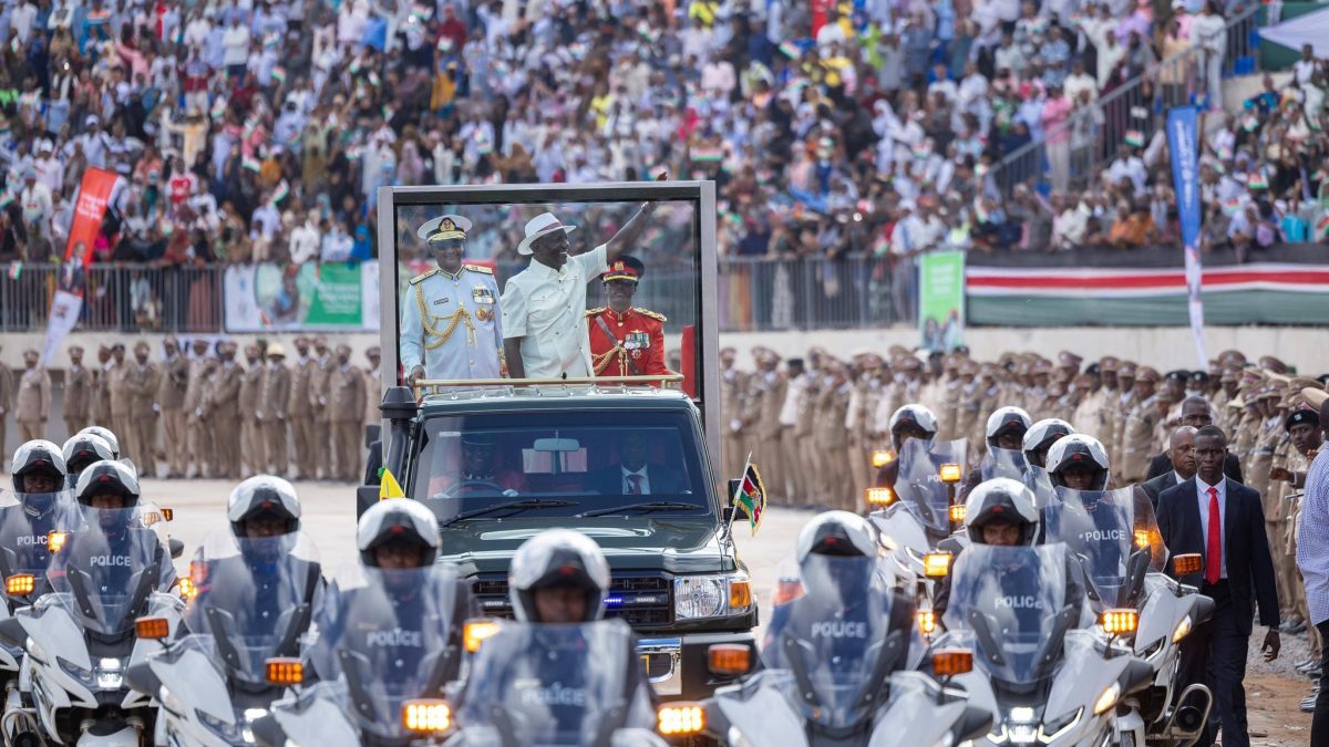 President William Ruto waves crowd during Madaraka Day in Wajir. PHOTO/https://web.facebook.com/williamsamoei