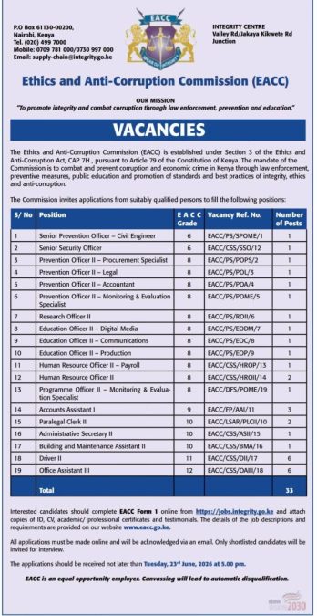 A statement containing job vacancies as announced by EACC. PHOTO/https://web.facebook.com/EACCKenya