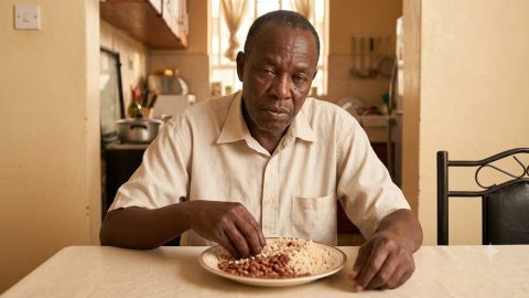 An older man shows signs of boredom while eating a repetitive meal in his home.