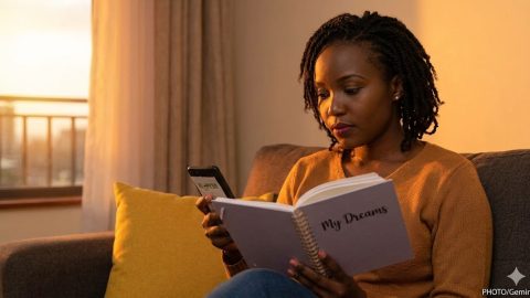 A woman thoughtfully compares a recent M-Pesa receipt with a notebook listing her personal goals. PHOTO/Gemini
