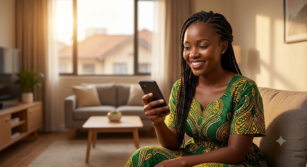 A woman in a warm apartment, looking at a KPLC token confirmation on her phone.