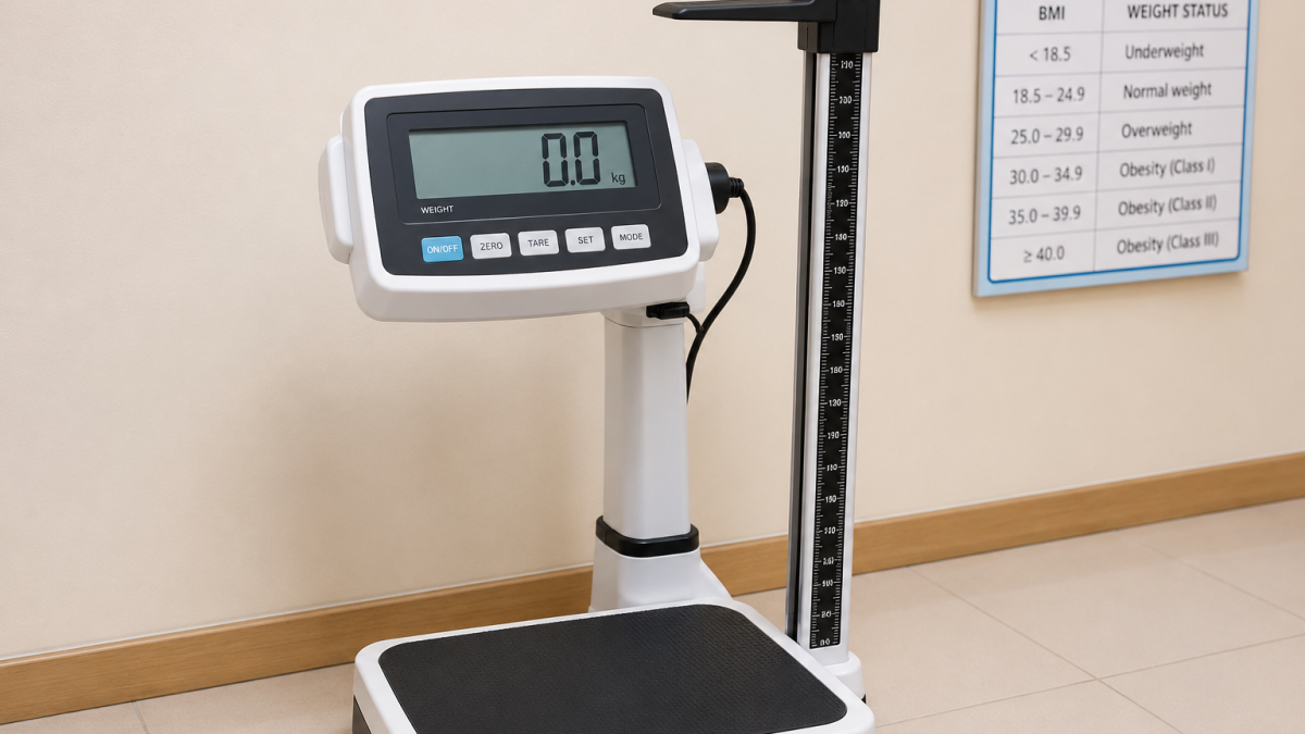Medical weighing scale with height measurement equipment used to calculate Body Mass Index (BMI) in a healthcare facility. PHOTO/AI