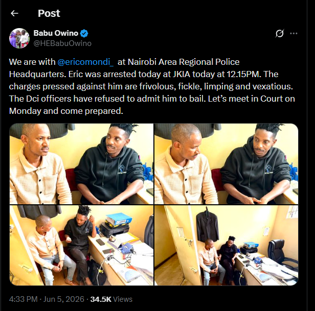A post shared by Babu Owino on his X. PHOTO/Screengrab by K24 Digital