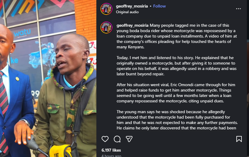 A post shared by Geoffrey Mosiria on Instagram. PHOTO/Screengrab by K24 Digital