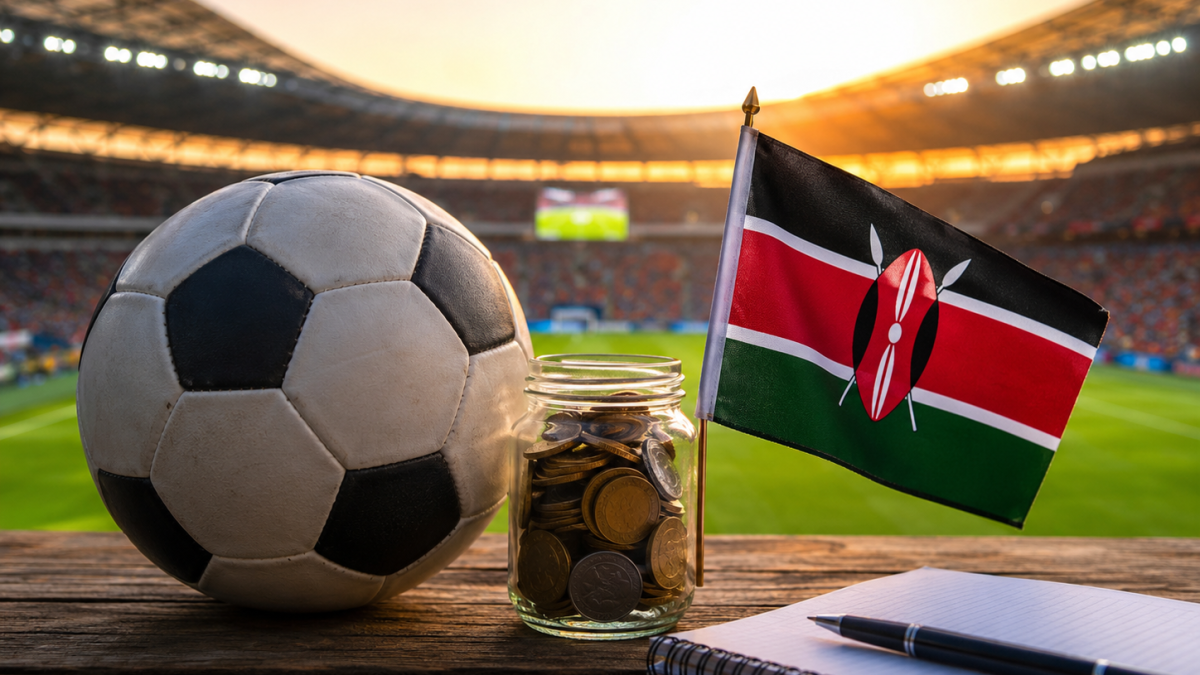 A football, savings jar and notebook sit beside a pitch, linking World Cup excitement with everyday money lessons. PHOTO/ChatGPT