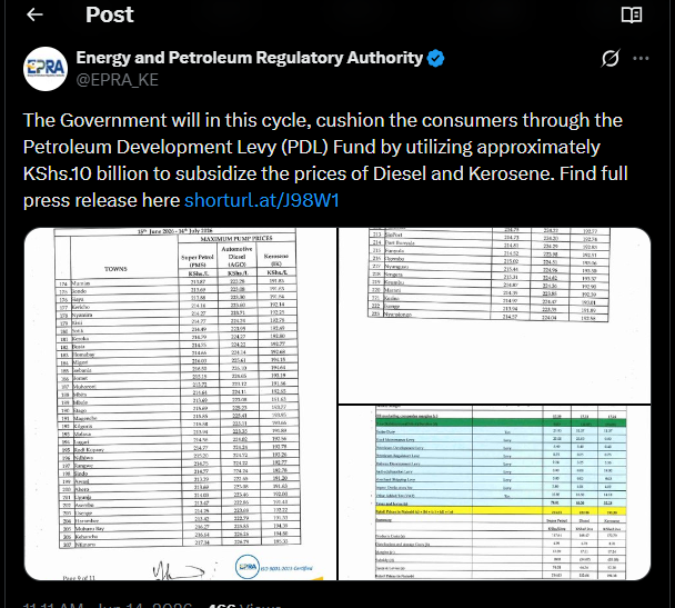 A post shared by EPRA on June 14 on X. PHOTO/Screengrab by K24 Digital