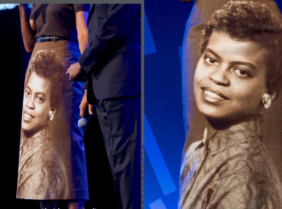 Michelle Obama's special skirt that has a portrait of her late mother Marian Robinson. PHOTO/screengrab by K24 Digital from a video posted by @barrackobama/Instagram