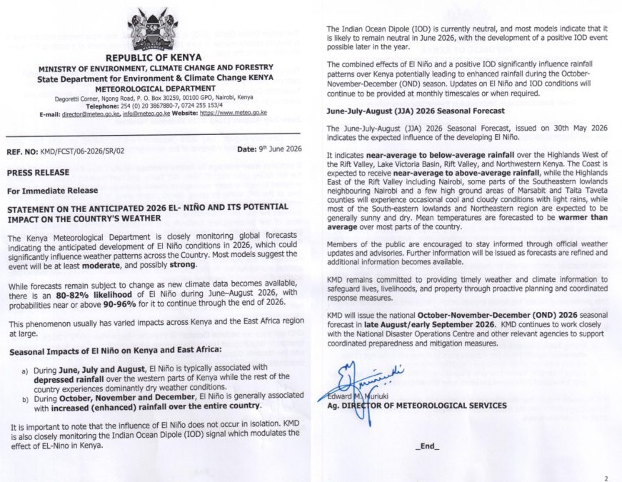 Kenya Met statement on El Niño
