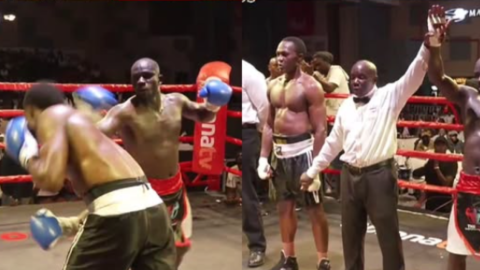 Kenya’s Salim Amoit wins against Tanzania’s Deogratious by unanimous decision at Vurugu 2. PHOTOS/Screengrabs by K24 Digital of YouTube video by Obinnatvstudios.