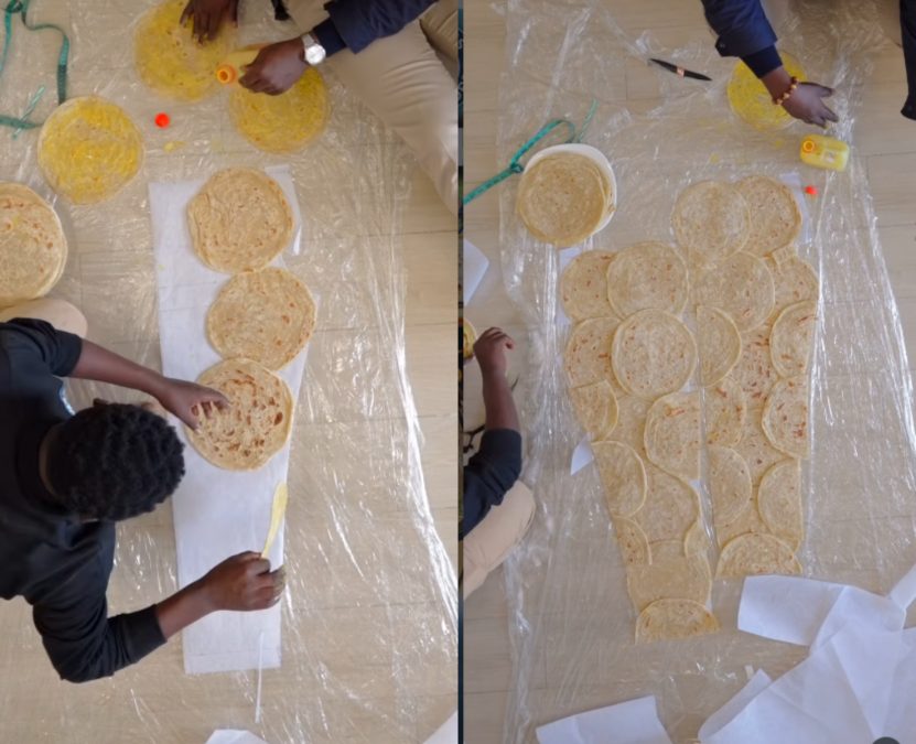 Raymond Kahuma holding trousers made from 60 chapatis. PHOTO/@ Raymond Kahuma