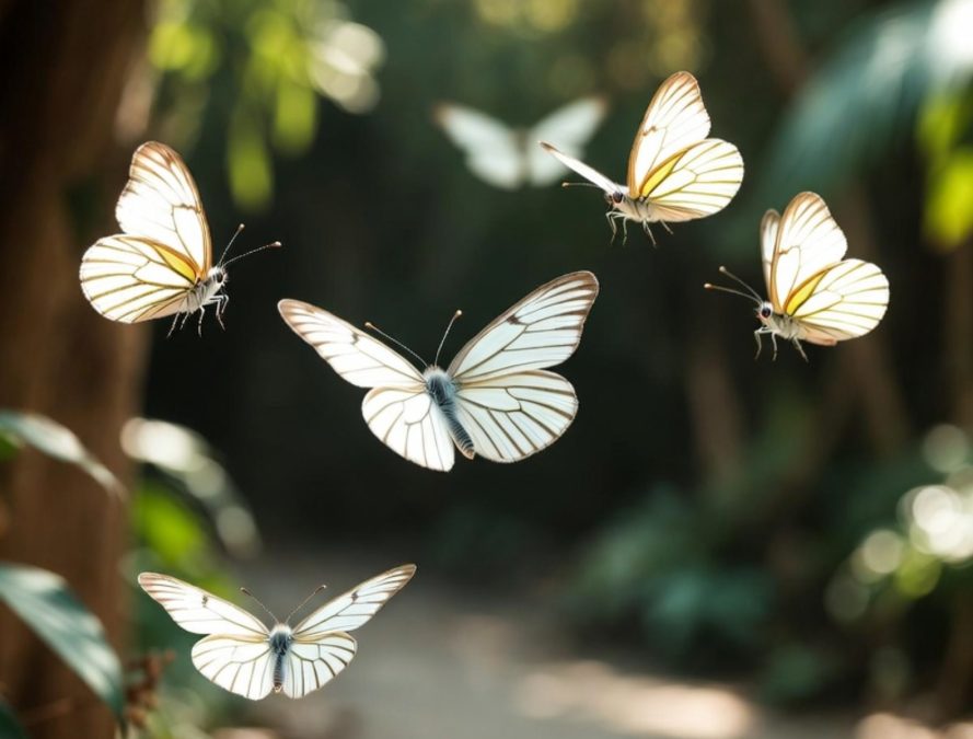 White caper butterflies flying in an open field.