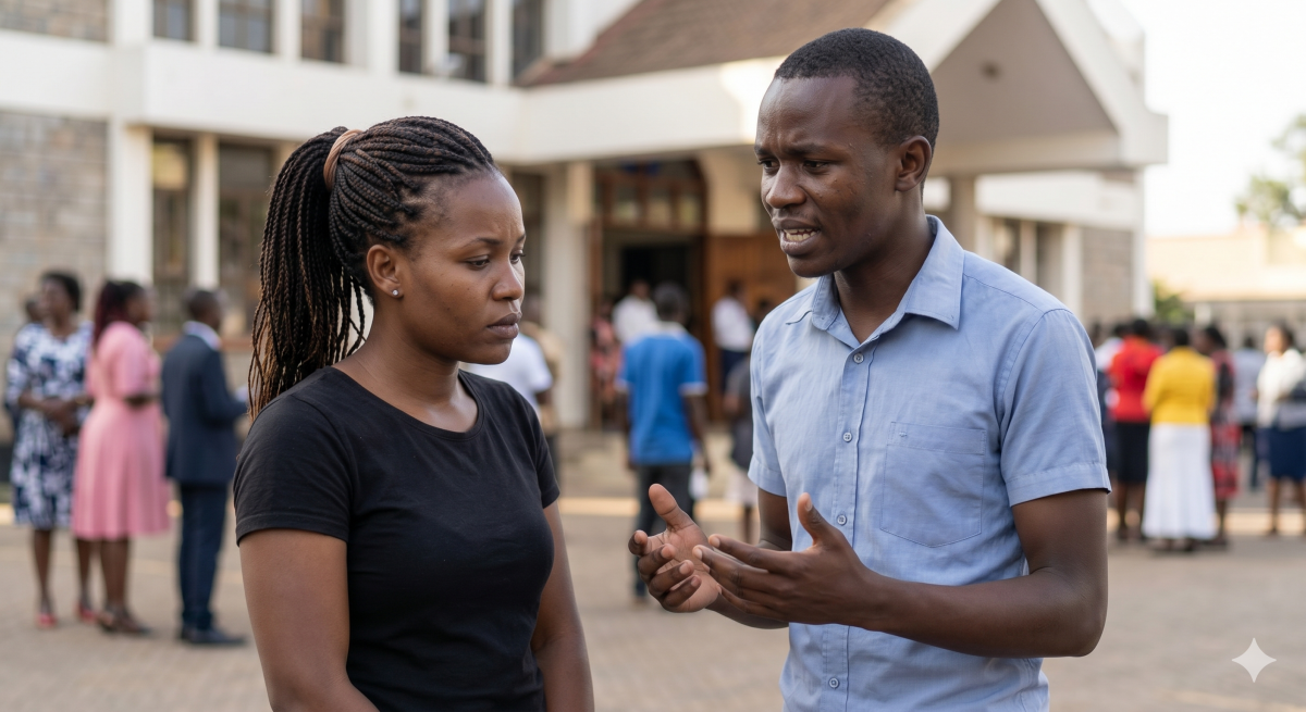 A friend earnestly pulls a young woman aside outside a church, borrowing money. PHOTO/Gemini