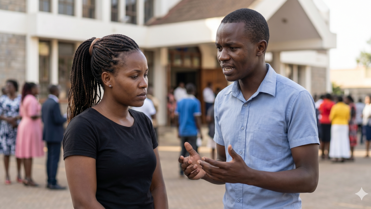 A friend earnestly pulls a young woman aside outside a church, borrowing money. PHOTO/Gemini