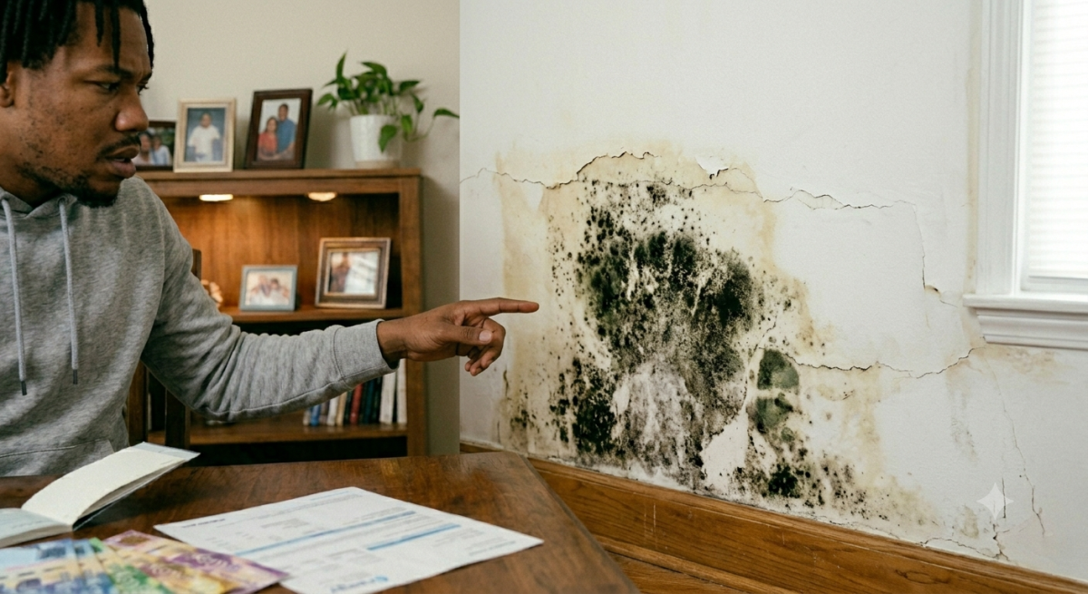 Someone pointing at a wall with mould. PHOTO/Gemini