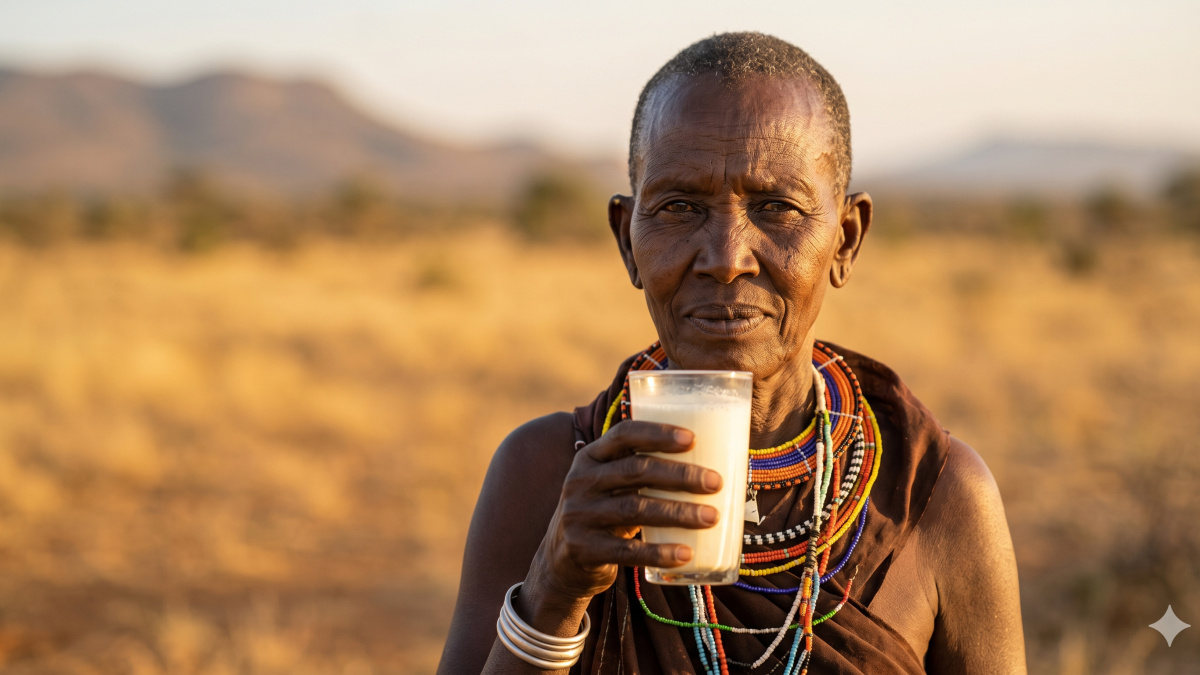 An elder pastoralist woman proudly holds a glass of fresh camel milk against a golden, arid landscape during sunset. PHOTO/Gemini