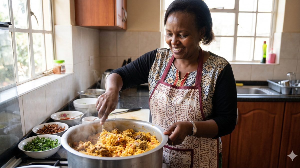 A smiling woman prepares a slow-cooked biriani in a sunlit home kitchen on a relaxed public holiday. PHOTO/Gemini