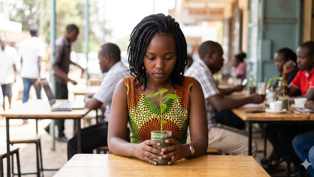 A focused woman nurtures a small sapling, prioritising growth amidst the blurred clutter of a cafe. PHOTO/Gemini