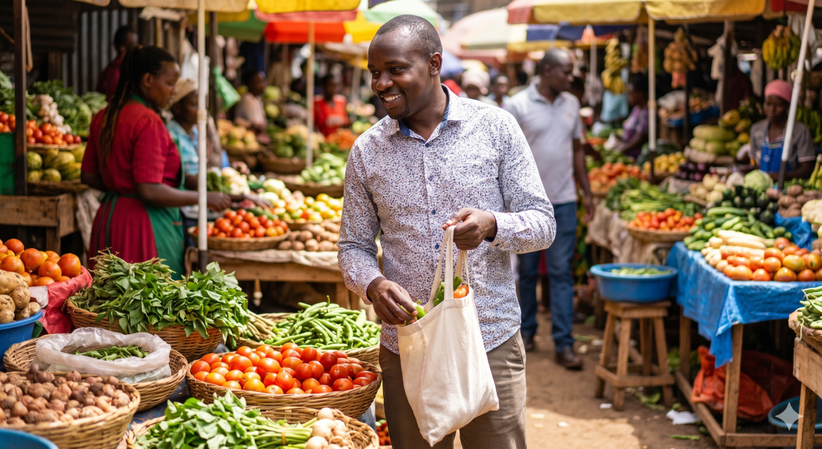 A smiling man shopping for fresh, local vegetables at a bustling open-air market. PHOTO/Gemini