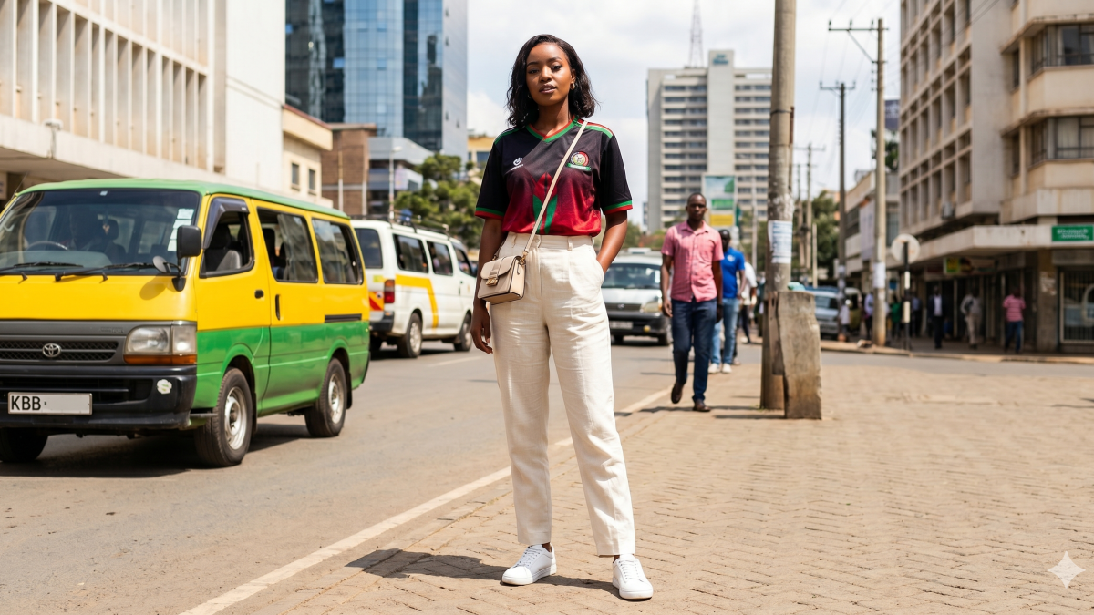 A young woman in Nairobi confidently styles an oversized national football jersey with high-waisted trousers. PHOTO/Gemini
