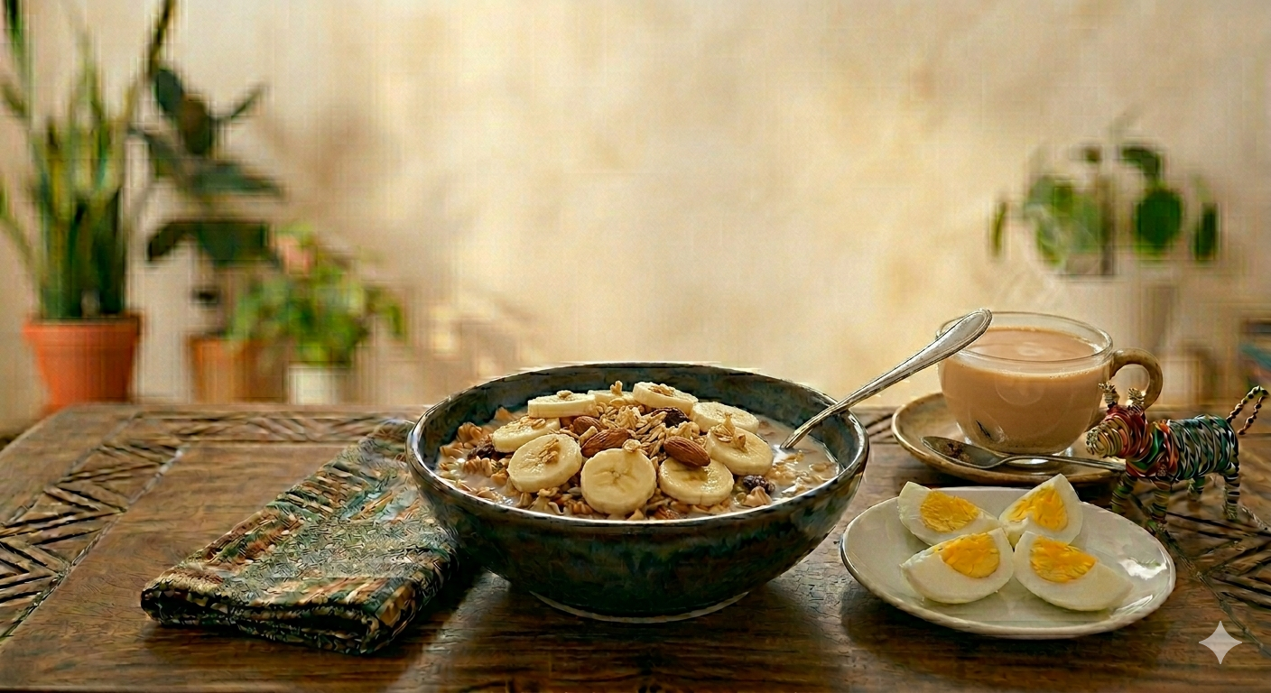 How to prepare cheap weight gain breakfast using granola, oats and eggs