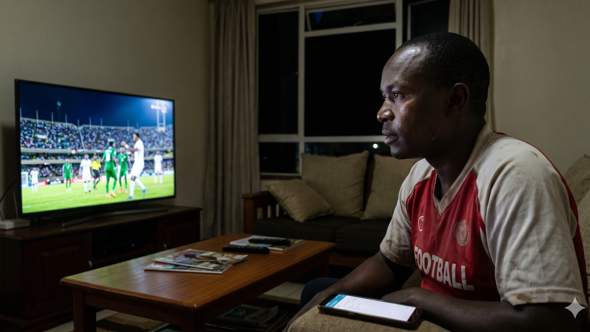 A Kenyan fan watches a late-night World Cup match, illuminated by the TV. PHOTO/Gemini