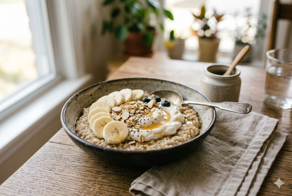 A cozy bowl of delicious oatmeal. PHOTO/AI