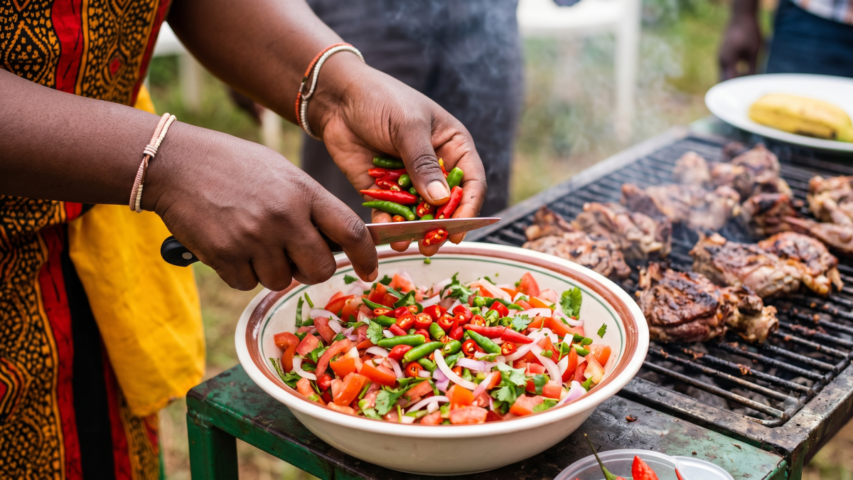 A close-up photograph capturing dynamic interaction with kachumbari and fresh pilipili as nyama choma sizzles on a grill at a gathering. PHOTO/Gemini